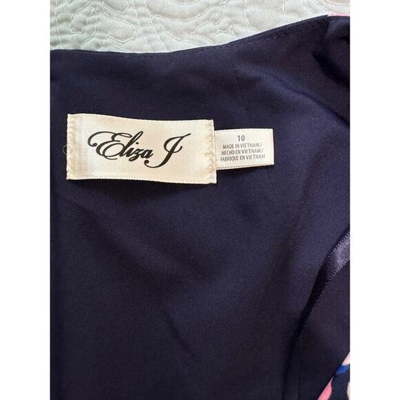 ELIZA J Navy Blue Polka Dotted Pink Faux Wrap Midi Dress V-Neck Size 10 Retro - Picture 9 of 14